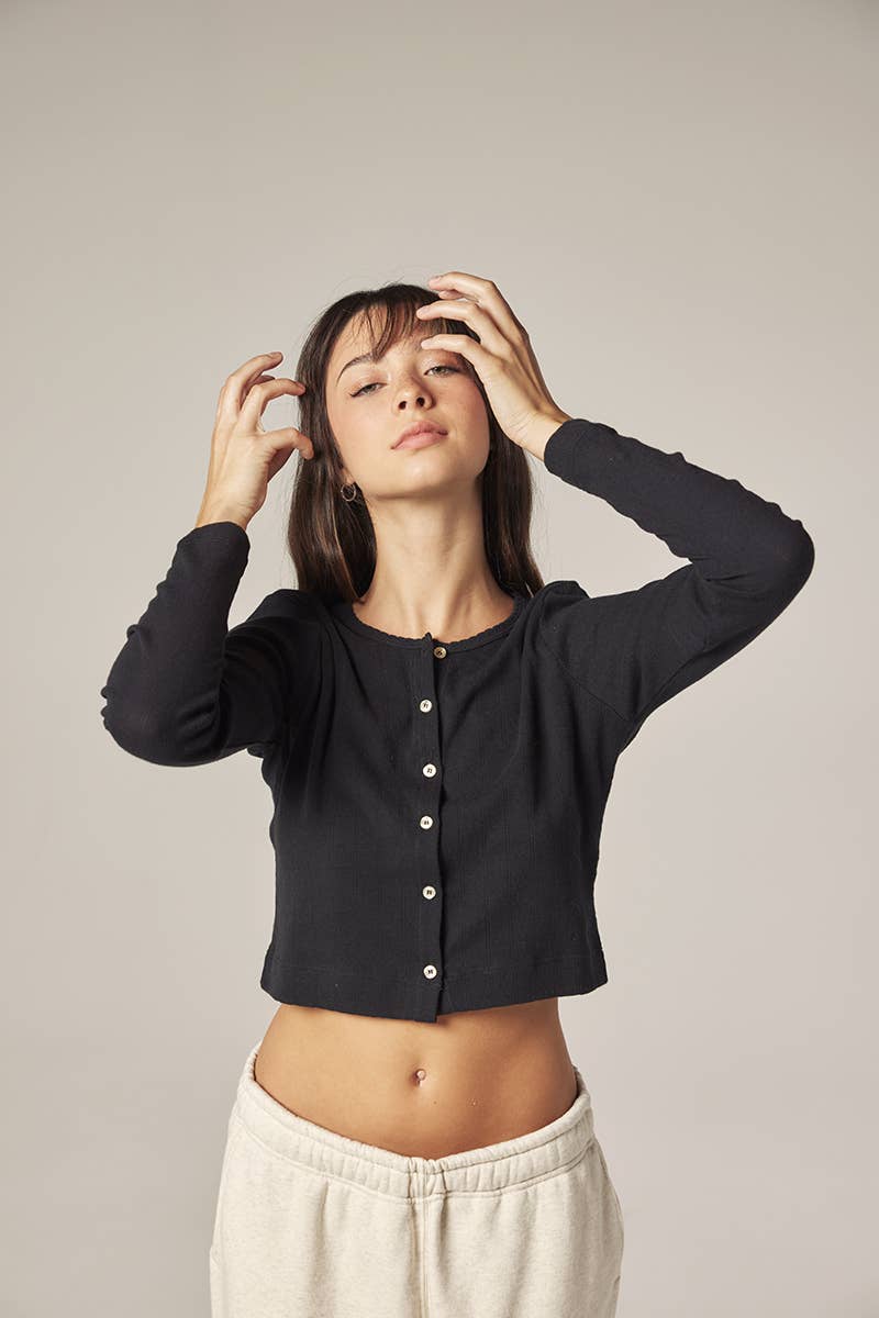 Button down short cardigan: Black / Solid