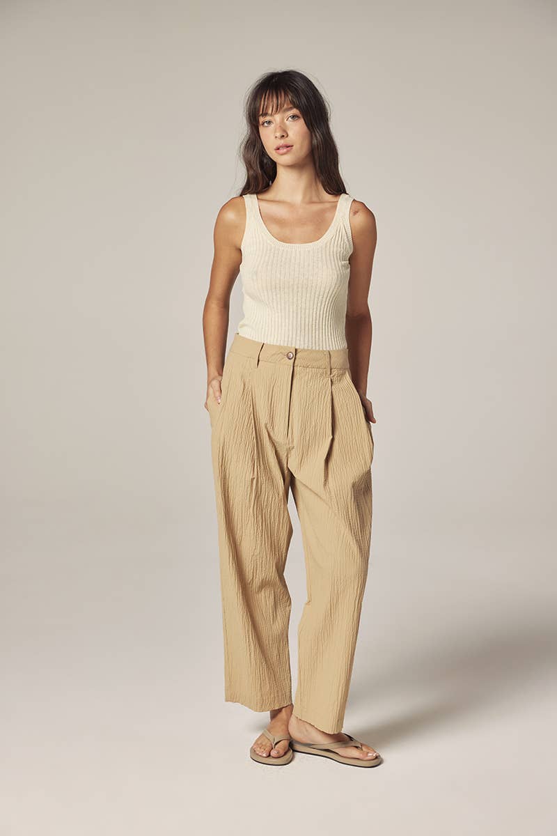 Cotton linen blend rib cami: Cream / Solid