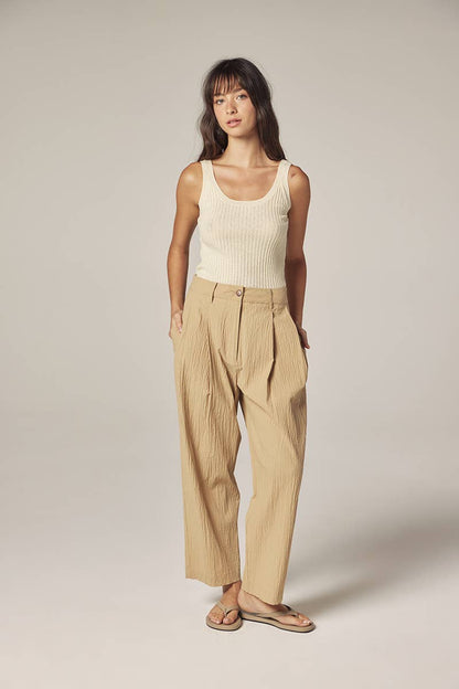 Cotton linen blend rib cami: Cream / Solid