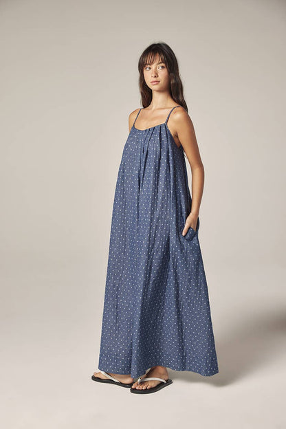 Tie back ankle dress: Denim / Polka Dots