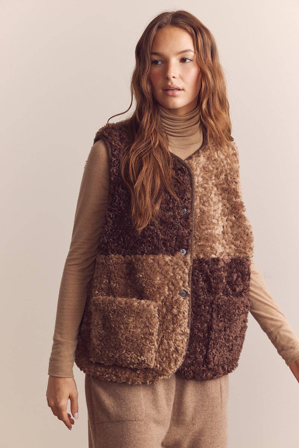 Color block wool blend shepherd reversible vest : Mocha/Brown / Patchwork / M/L