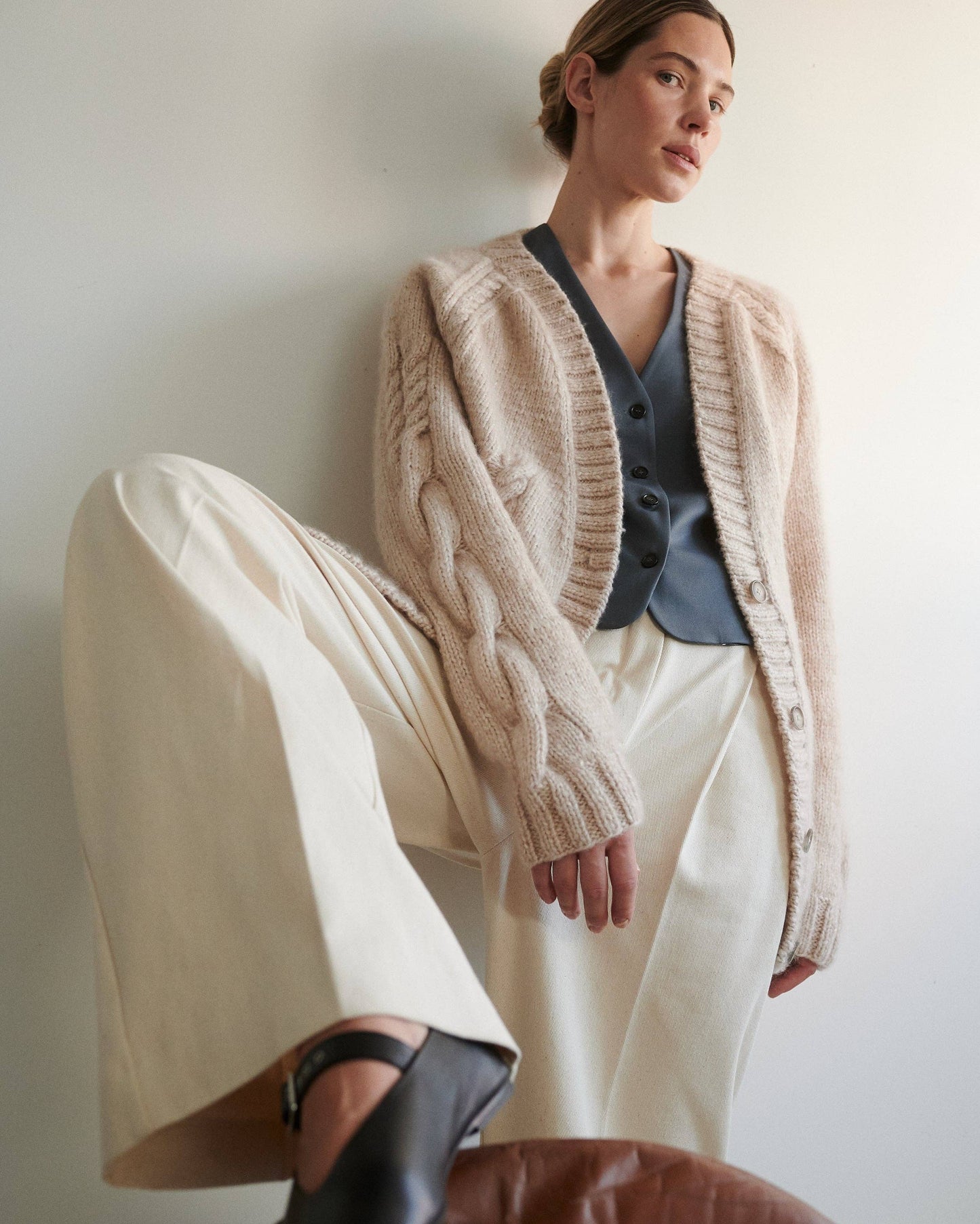 Vilnelė: Beige Merino Wool Cardigan: Beige / S