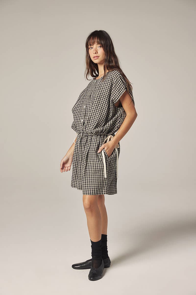 Gingham Drop Sleeve Button Down Top: Black/Natural / Checkered