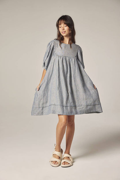 Yoke stripe dress: Lt Denim / Striped