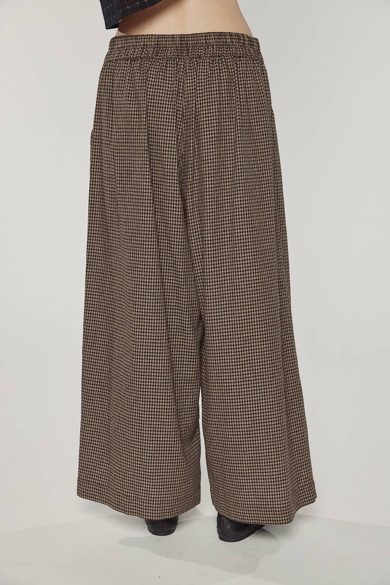 Wide leg straight pants: Black/Khaki / Checkered