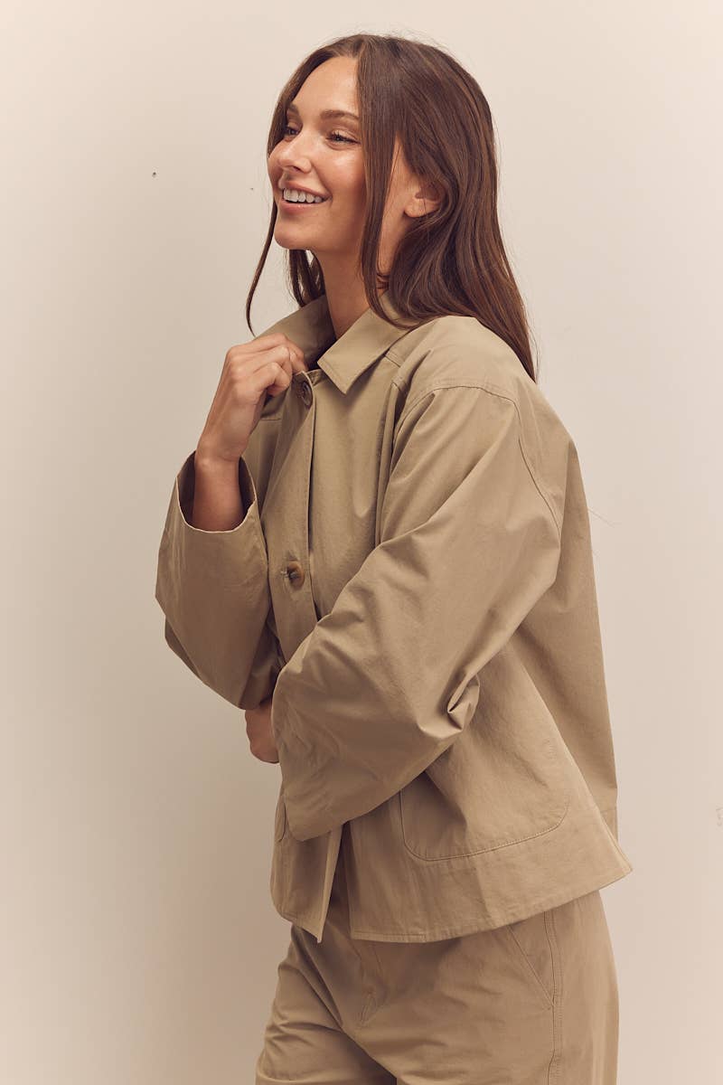 Button-down cotton worker jacket: Sage / Solid / XS/S