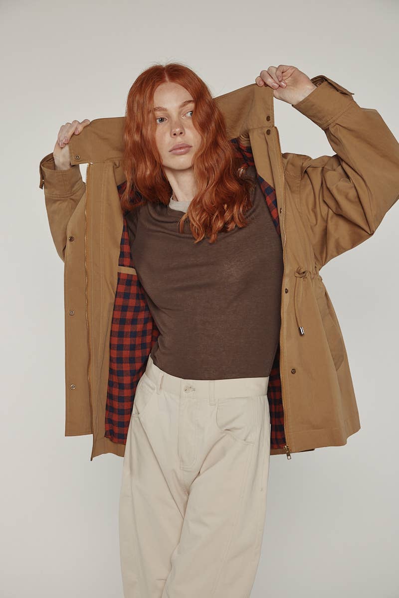Tie waist utility jacket: Khaki / Solid