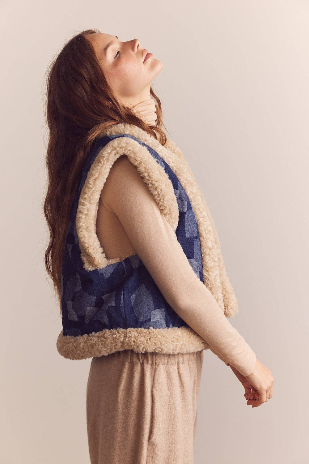 Shepherd-lined patched  denim vest: Patched denim / Patchwork / M/L