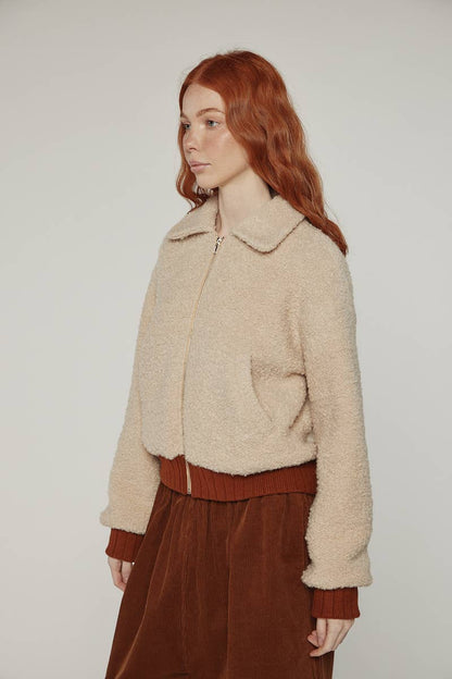 Wool blend ribbed short bomber jacket: Oatmeal / Solid