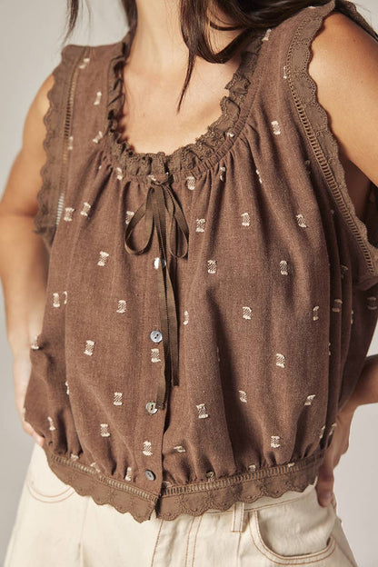 Button down short blouse: Mocha / Polka Dots