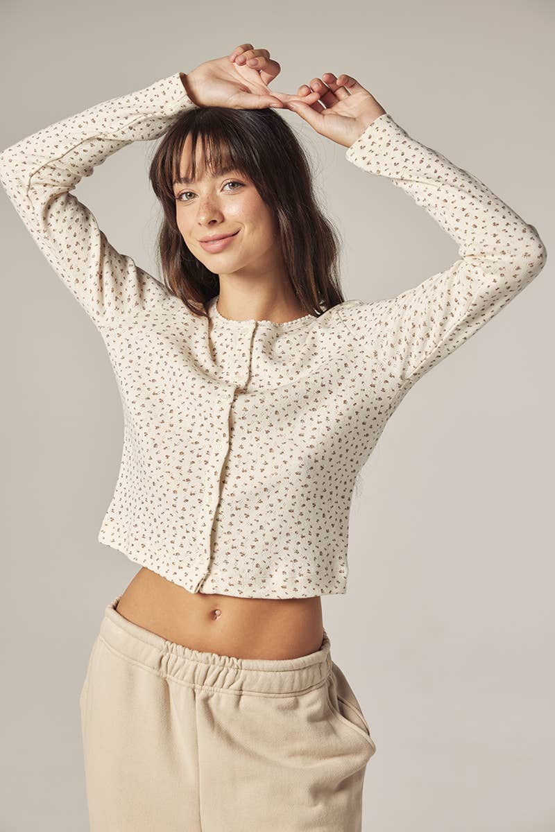 Romantic Button-down short cardigan: Cream/Navy / Floral