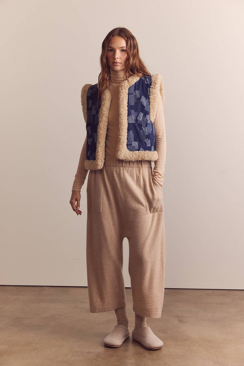 Shepherd-lined patched  denim vest: Patched denim / Patchwork / M/L