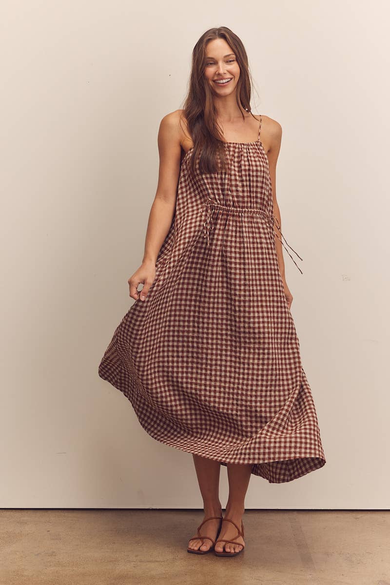 Front shirring gingham cami dress: Brick / Checkered