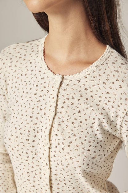 Romantic Button-down short cardigan: Cream/Navy / Floral