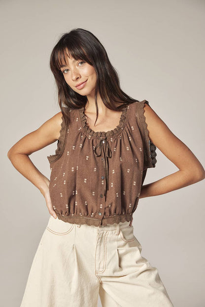 Button down short blouse: Mocha / Polka Dots