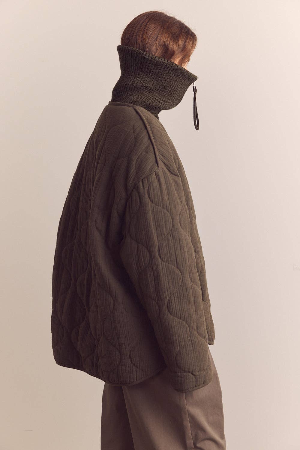 High neck rib collar cotton quilt jacket: Pine / Solid / XS/S