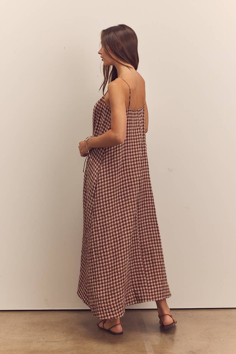 Front shirring gingham cami dress: Brick / Checkered