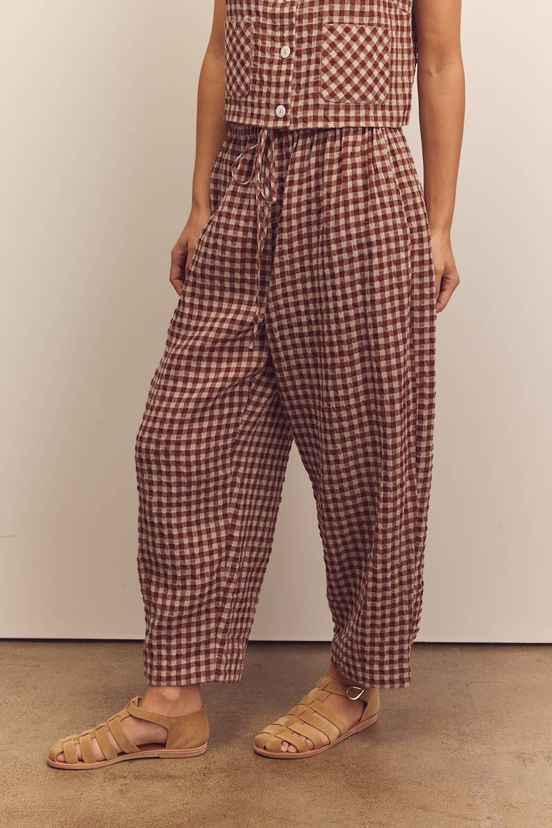 Drawstring easy pants: Brick / Plaid