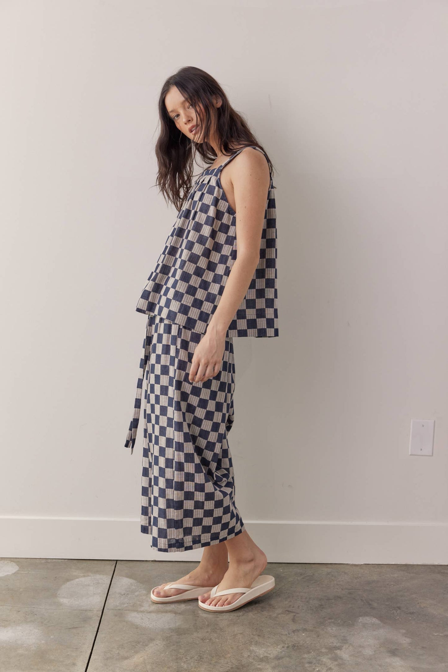 Front tie cotton wide pants: Blue/Taupe / Checkered