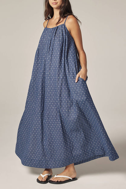 Tie back ankle dress: Denim / Polka Dots