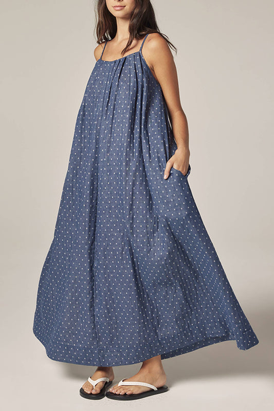 Tie back ankle dress: Denim / Polka Dots