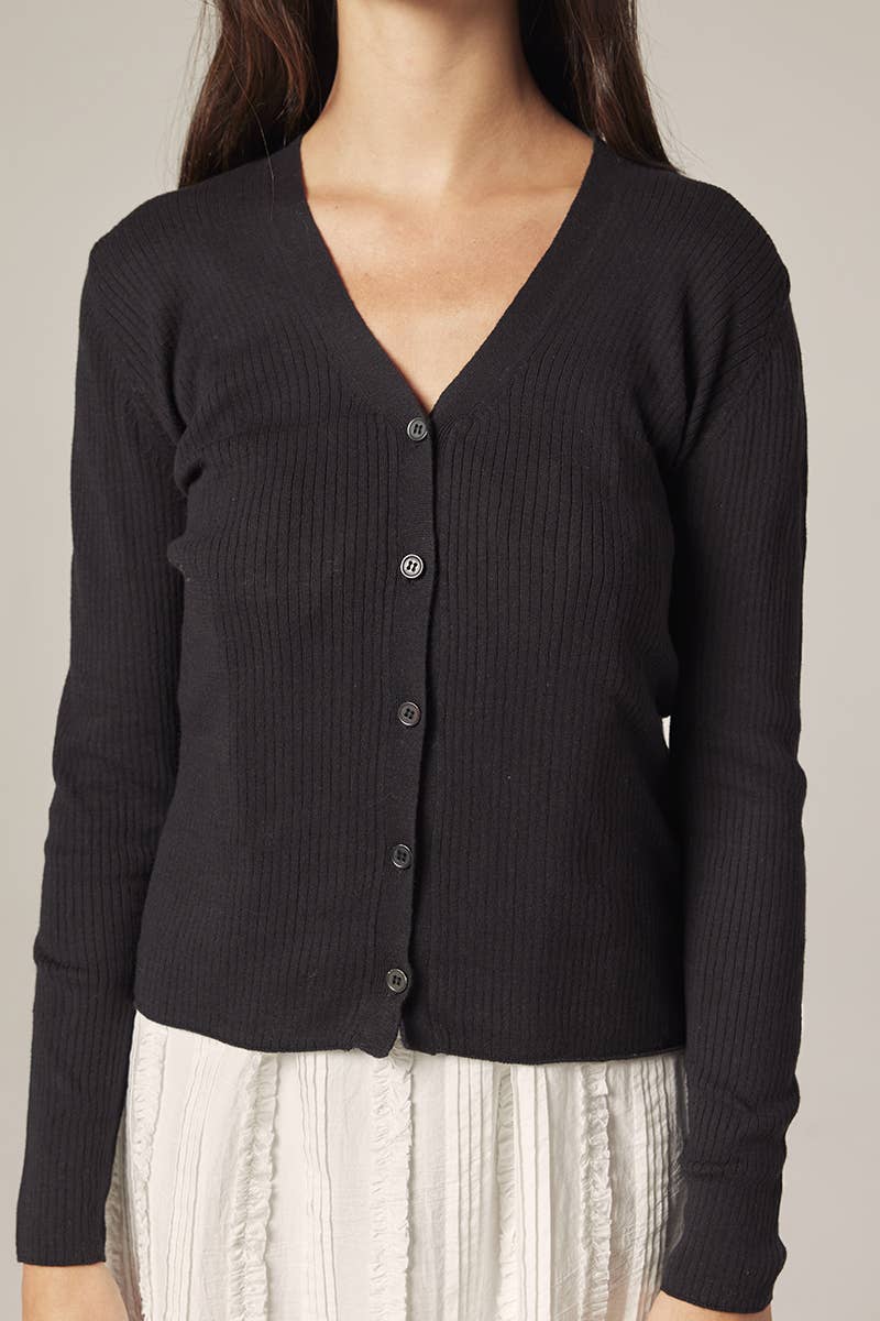 V-neck cotton line rib cardigan: Black / Solid