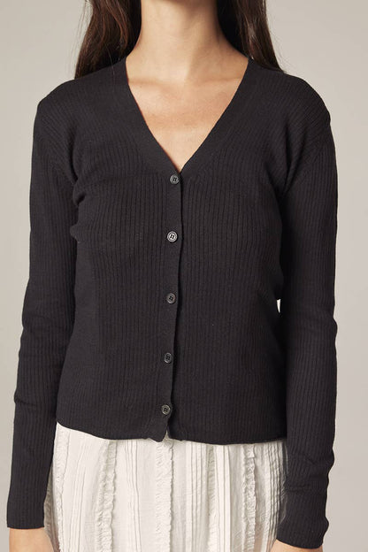 V-neck cotton line rib cardigan: Black / Solid