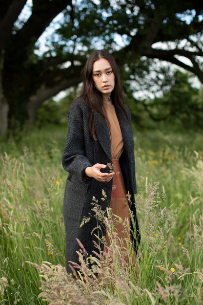 The New Coat in Magee’s Donegal bold herringbone heavy weight 100% wool, NAVY
