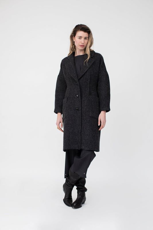 The New Coat in Magee’s Donegal bold herringbone heavy weight 100% wool, navy