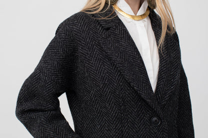 The New Coat in Magee’s Donegal bold herringbone heavy weight 100% wool, NAVY