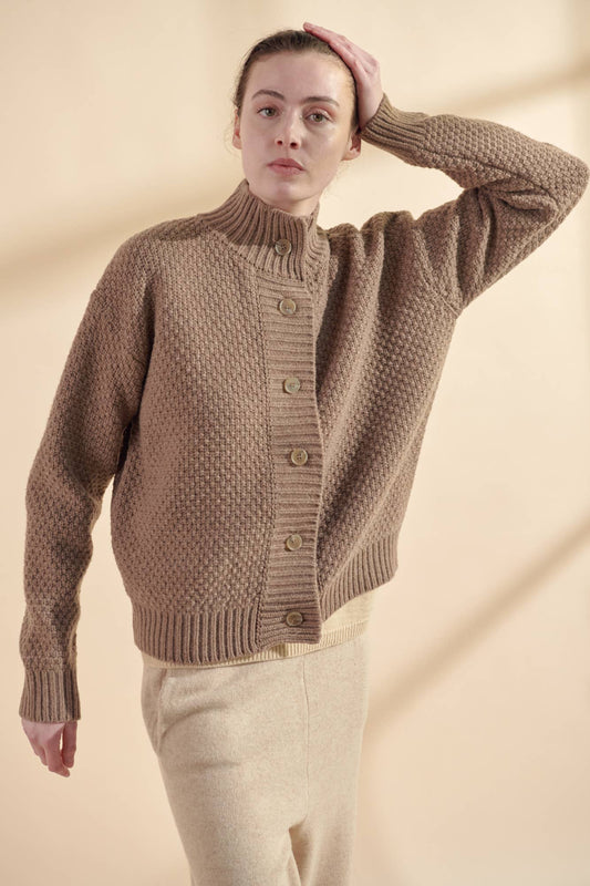 High neck wool sweater cardigan: Brown / 100% Wool