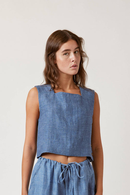 Boxed linen crop top / Denim blue / 100% Linen