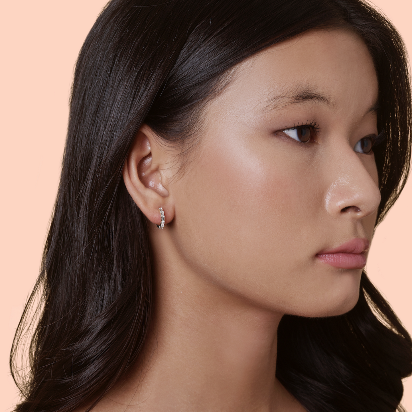 Halina Vertical Baguette Huggie Hoops Model Shot